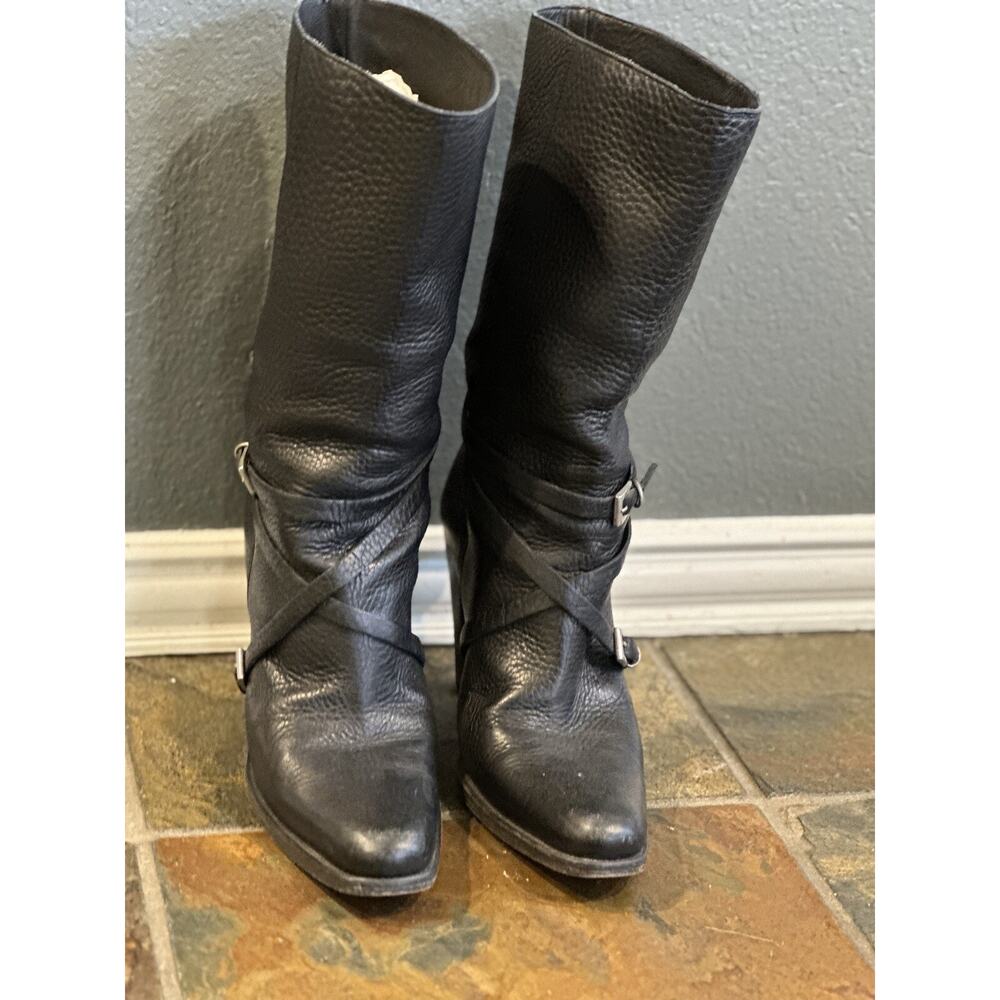 Vintage Prada Black Leather Pebbled 4” Heel Silver Buckle Straps Boots 39 8 Sexy - Picture 7 of 15